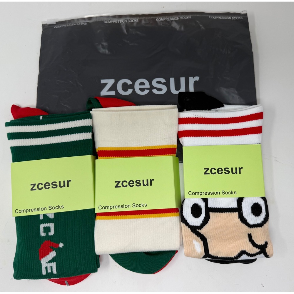 Zcesur Compression Socks 3 Pairs‎ L/XL Novelty Fun Christmas Striped Design
